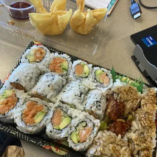Spicy tuna avocado, Alaska, chicken tempura rolls. Crab Rangoon