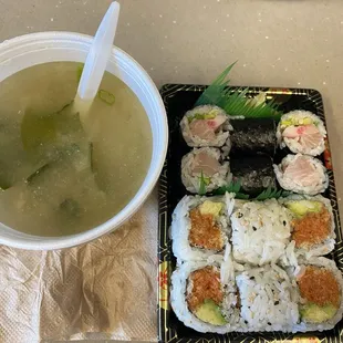 2 roll lunch special with miso soup. Spicy tuna avocado and yellowtail scallion