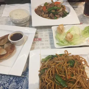 YUM. Veggie lo mein, cream cheese wontons (best EVER), beef and mushroom, and friend dumplings. So good!