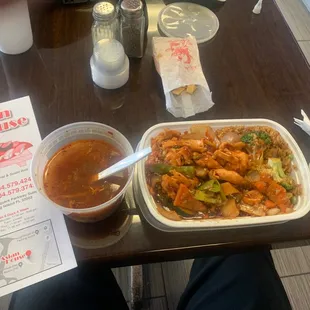 Got soup and food! Great portions for lunch with leftovers for later. I had garlic chicken which included many delicious vegetables.