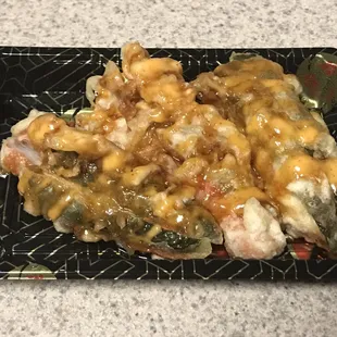 These were given to us and I LOVED them! Jalapeño peppers stuffed with cream cheese and I believe a meat + sauce and tempura something.