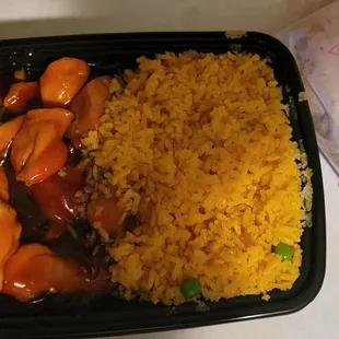 Bourbon chicken. Cheap white meat with sauce.