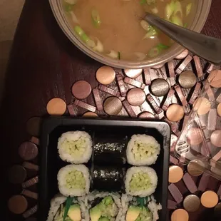 Cucumber and veggie rolls with miso soup. Yum!