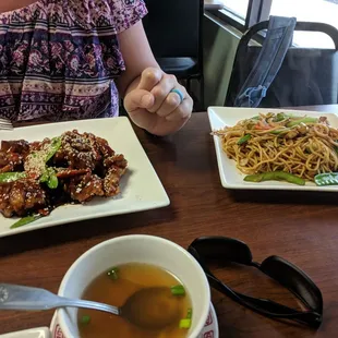 Tasty sesame chicken, veggie lo mein, and wonton soup. All great!