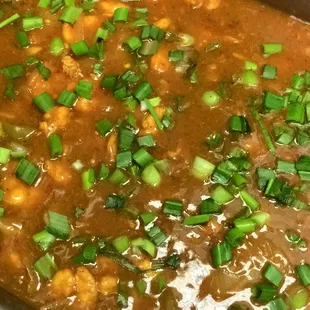 a pan of stew with green onions