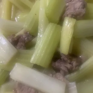 Beef and celery. Closeup because I already ate most of it; there was plenty. Mild and healthy. Tender beef, and tender celery.