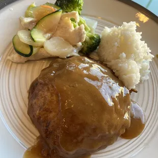 Beef egg foo yung, chicken kow and white rice - second plate.