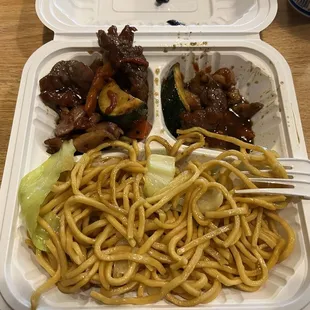 Half eaten Kong Pao Chicken Breast and Beef Noodles. Very good.