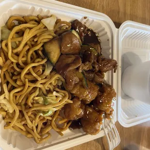 General chicken and orange chicken with noodles.