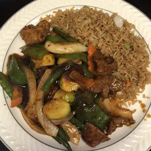 Spicy Basil Beef, with fried rice (lunch) Always a favorite!