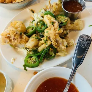 Salt and pepper calamari appetizer with fresh jalapeños