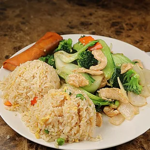 Lunch Special Broccoli Chicken with Fried Rice and Spring Roll