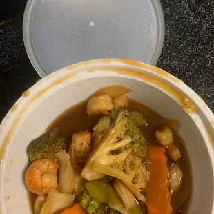 first time  here  horrible I asked for shrimp chop Suey broccoli and veg overcooked never  be back-also hair on the lid of my rice