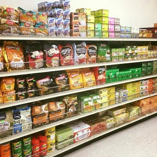 a variety of snacks on shelves