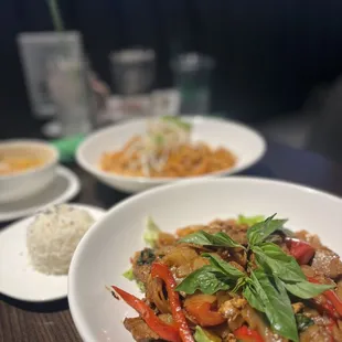 three plates of food on a table