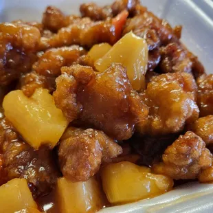 Sweet and sour pork, ask to exclude green peppers.