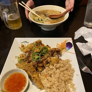 Miso Ramen in the back. Night in Bangkok in the front - a lot of soft shell crab, salty goodness.