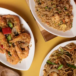 Salt and Pepper Shrimp, House Fried Rice, Beef Chow Mein