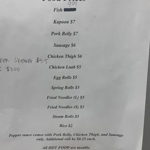 a menu for food prices
