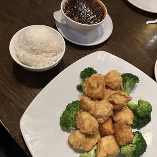 Sesame Chicken with Sauce on the Side and White Rice