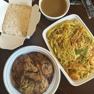 Vegetable egg foo young and Singapore mei fun