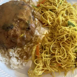 Vegetable egg foo young and Singapore mei fun