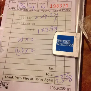 Our family of four had a nice dinner out for $23.08. Our three year old ate for free and our five year old was only $2.99.