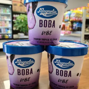 three tubs of frozen yogurt