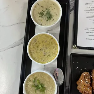 Soup trio - changes daily.  This is clam chowder, sausage and potato, and egg drop