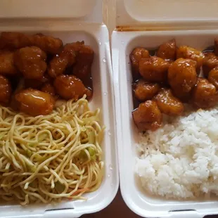 Honey chicken with chow mein. General Tso chicken with rice.