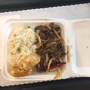 Mongolian beef with white rice and pot stickers