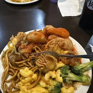 Chicken and broccoli, sweet and sour chicken, noodles and macaroni