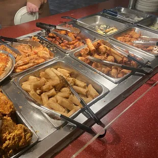 Egg roll, pork egg rolls, pizza, fried chicken, fried plantains