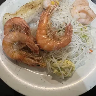 Fish, Singapore noodles (I think), head on shrimp
