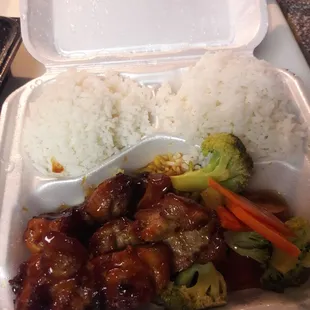 Teriyaki chicken. Too much rice and not enough chicken.