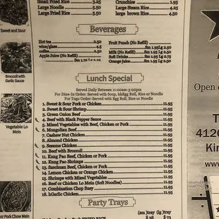 the menu and prices