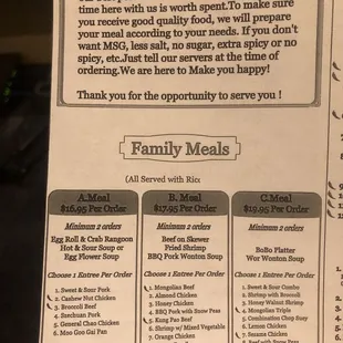 a menu for a family meal
