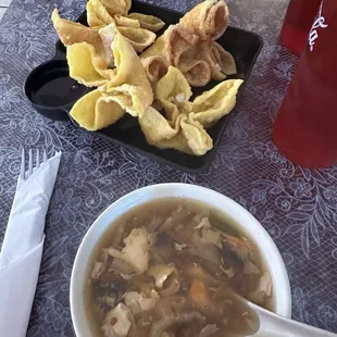 Hot and sour soup and crab Rangoon