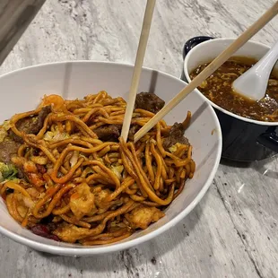 House Lo Mein with Beef, Pork, Chicken and Shrimp. Hot and Sour Soup. No pic of the Crispy wings, I ate them too fast :)
