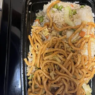 Shrimp LoMeain with Steamed Veggies and Fried Rice
