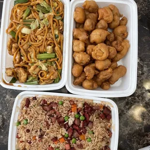 Pork fried rice, lo mein, sweet and sour pork