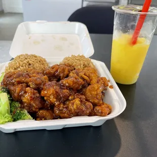 Orange Chicken Rice Plate  Mango slush