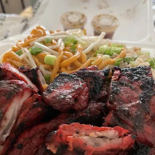 Pork riblets, chow mein, and fried rice
