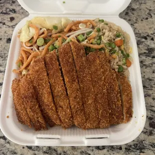 Chicken with chow mein and fried rice