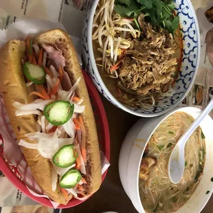 Banh mi sandwich Koa poun Chicken pho  Everything was delicious we will definitely be coming back!