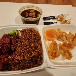 Orange chicken, pork fried rice, crab Rangoon, hot and sour soup