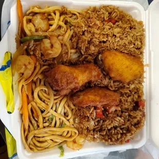 Lo mein combo with pork fried rice, shrimp lo mein, and chicken wing