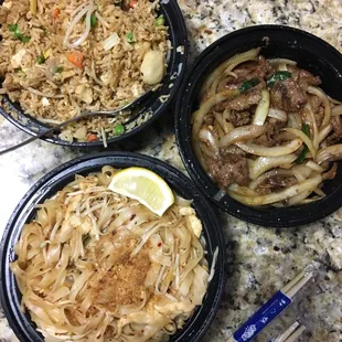 Veggie fried rice with chicken, Mongolian beef and chicken pad thai - all very good