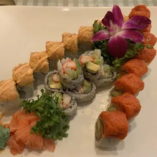 Left to right: spicy lobster salad roll, California roll &amp; Phoenix roll