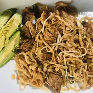 Mango Pad Thai w/ Vegan Beef)  Note: I plated this picture and added the avocado since it was a delivered order